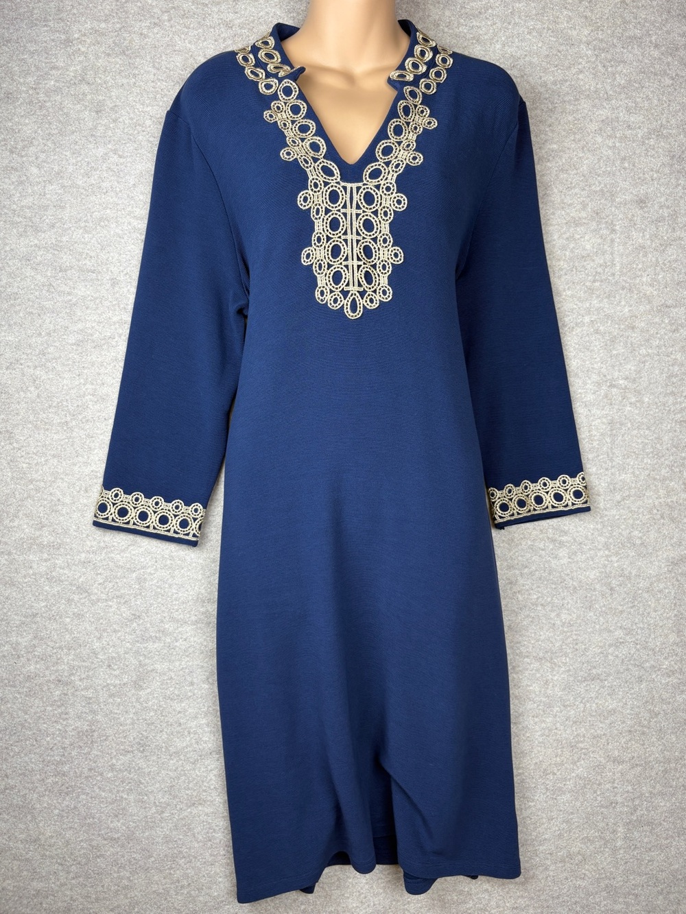 Charter Club Braided Trim Shift Dress Intrepid Blue Gold Metallic Knit L Large